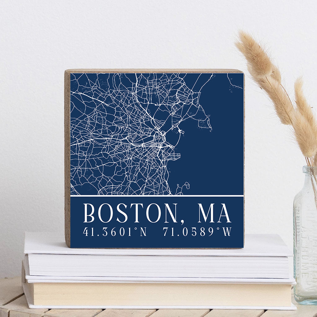 Navy Blue Boston City GridCoordinates Square Block Sign