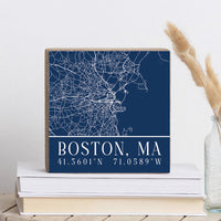 Navy Blue Boston City GridCoordinates Square Block Sign