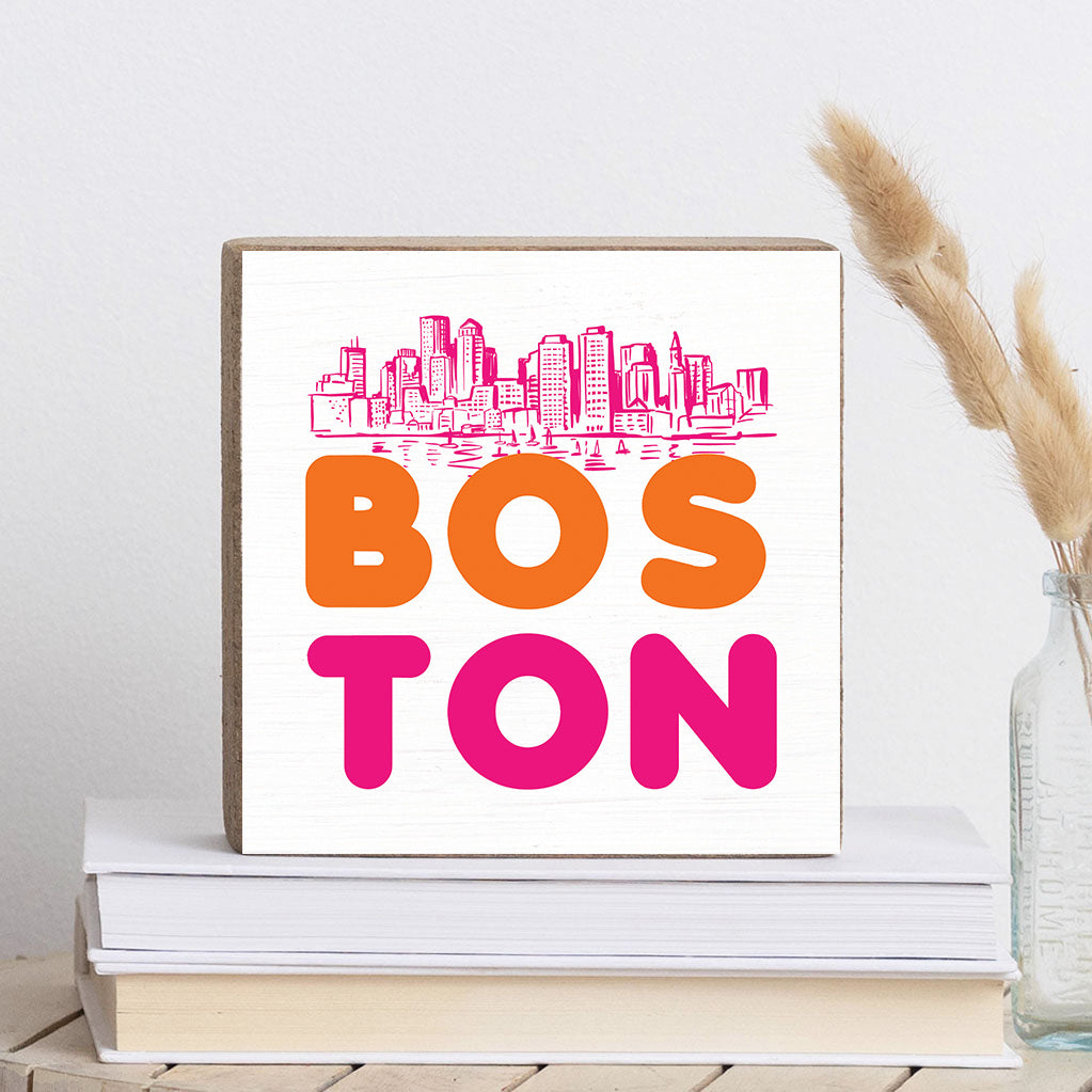 Orange and Pink Boston Skyline Square Block Sign