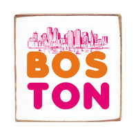 Orange and Pink Boston Skyline Square Block Sign