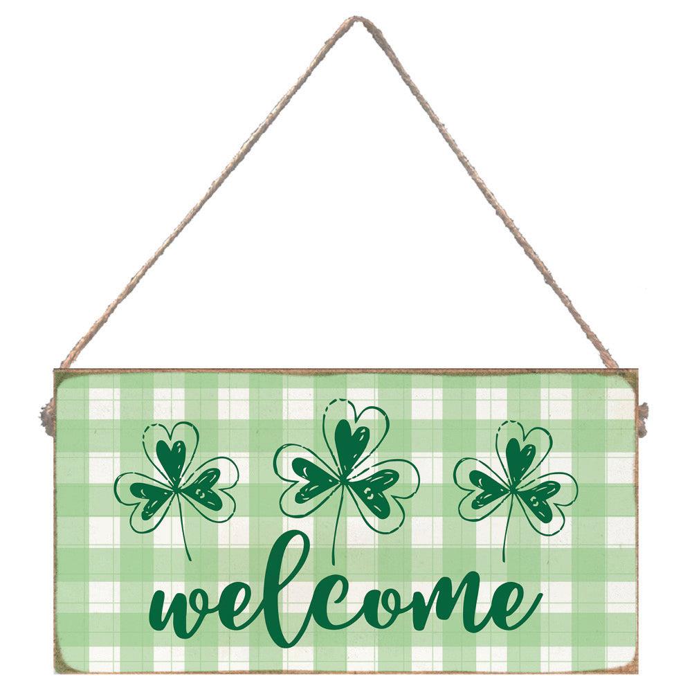 Welcome Plaid Shamrocks Twine Hanging Sign