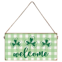 Welcome Plaid Shamrocks Twine Hanging Sign
