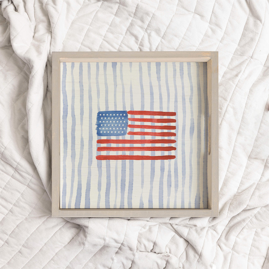 Watercolor American Flag Rustic Marlin Wooden Serving Tray