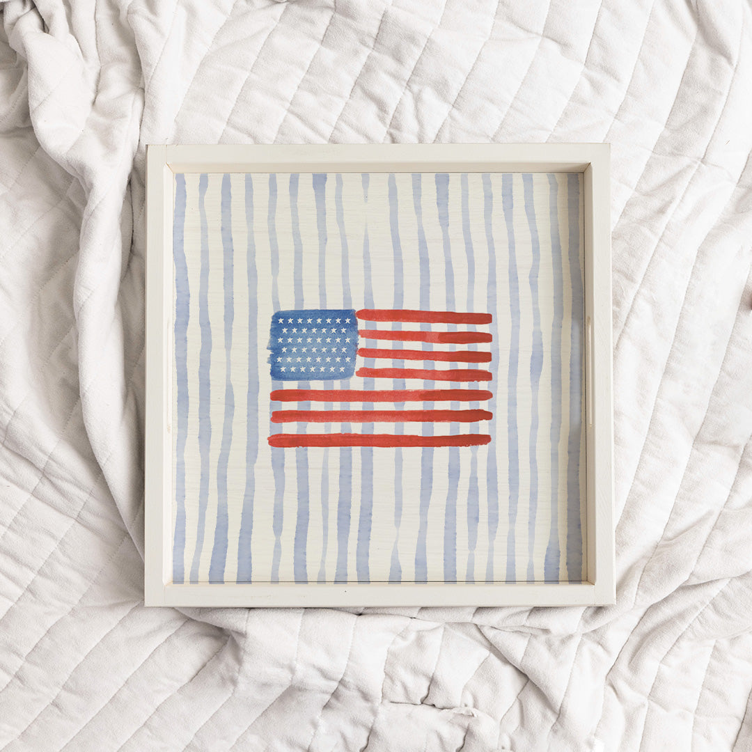 Watercolor American Flag Rustic Marlin Wooden Serving Tray