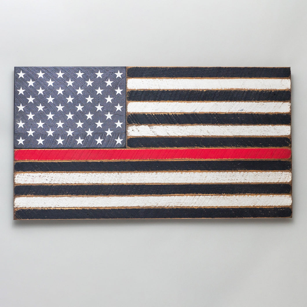 Thin Red Line Wooden American Flag