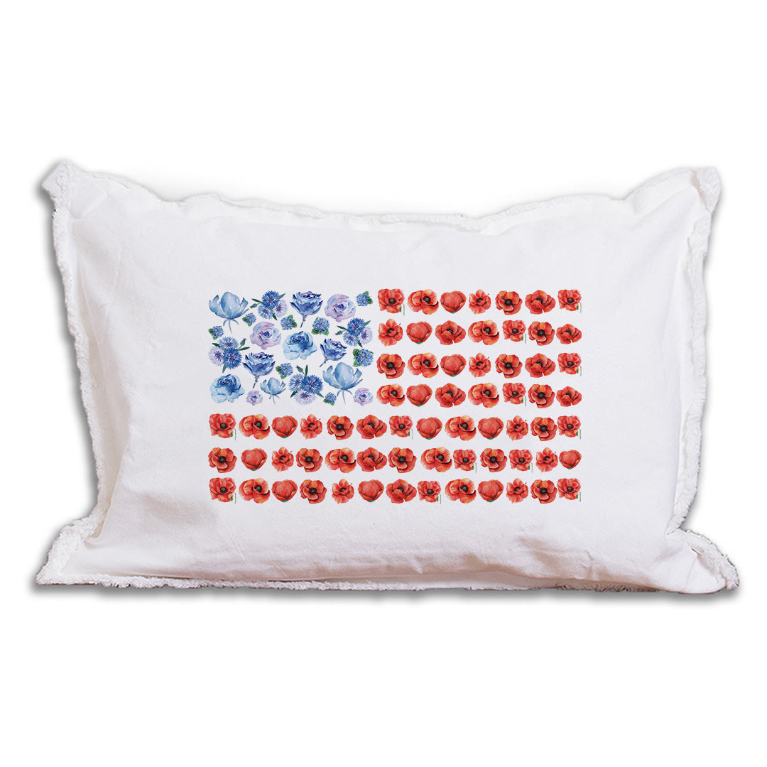 Watercolor Poppy American Flag Lumbar Pillow
