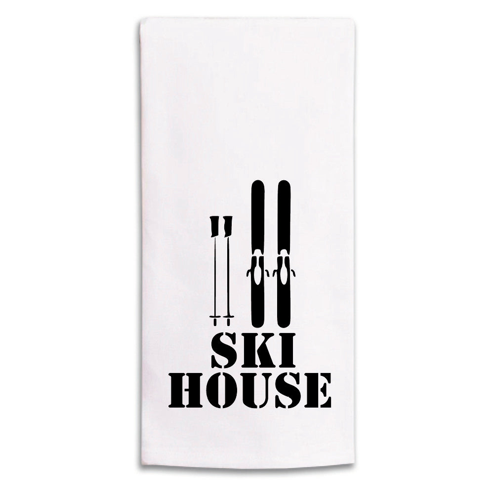 Ski House Black Tea Towel