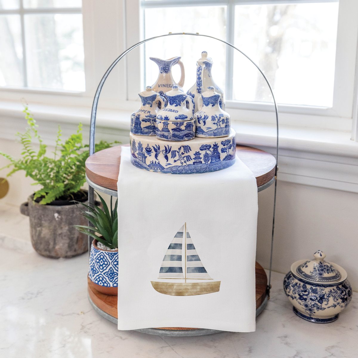 Watercolor Sailboat Rustic Marlin Tea Towel