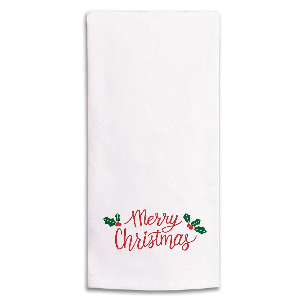 Merry Christmas Holly Leaves Tea Towel