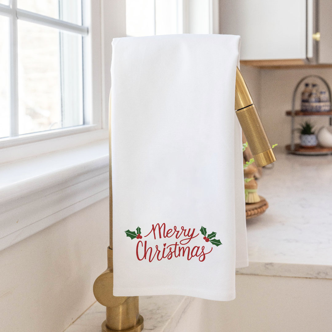 Merry Christmas Holly Leaves Tea Towel