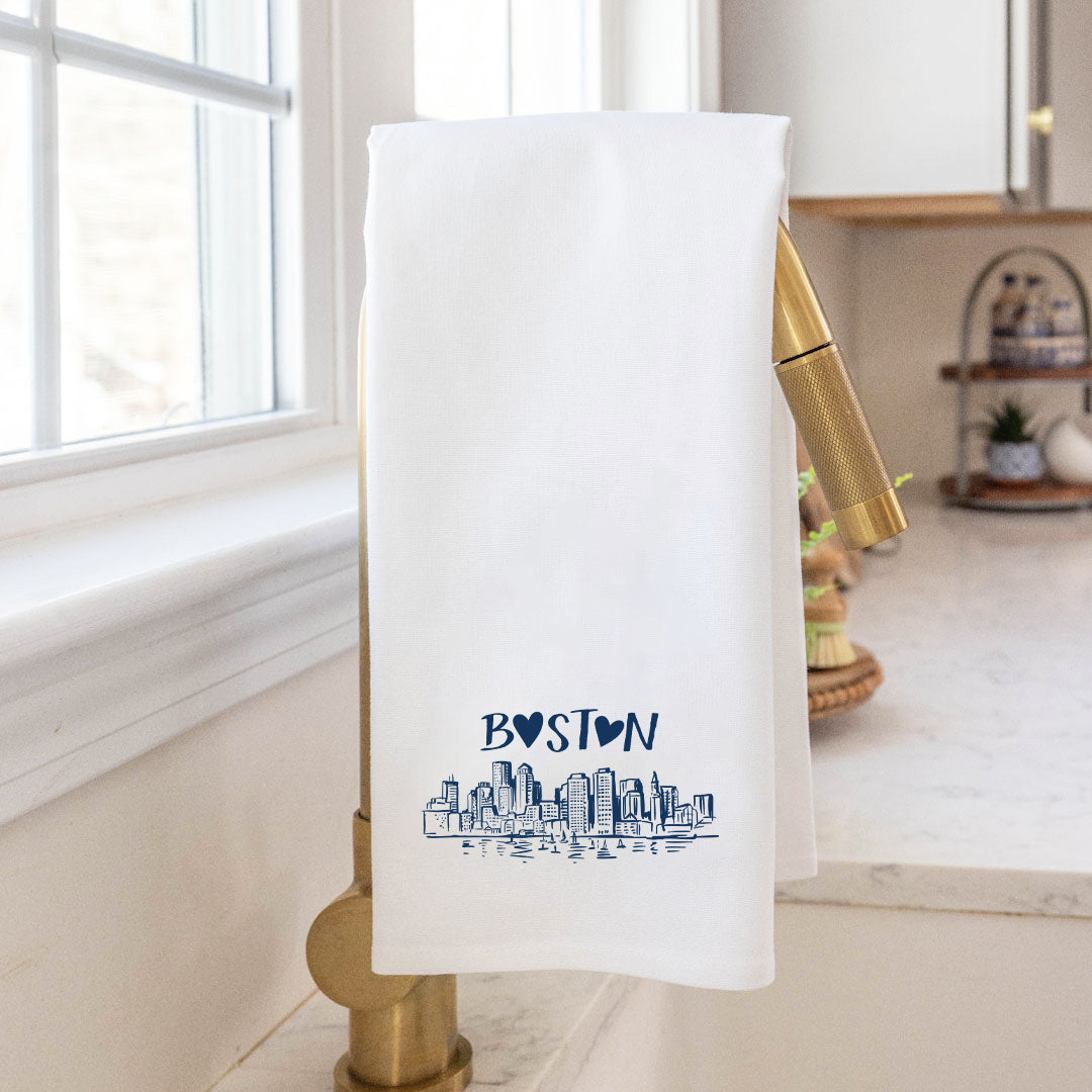 Navy Boston Heart Skyline Tea Towel