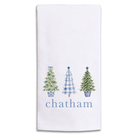 Coastal Cottage Christmas Trees Personalized Tea Towel