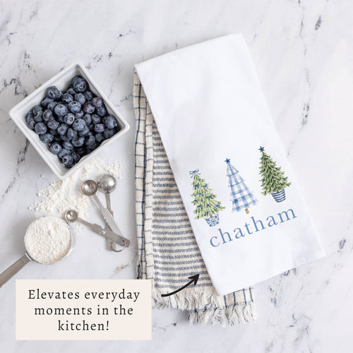 Coastal Cottage Christmas Trees Personalized Tea Towel
