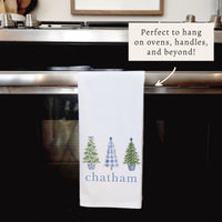 Coastal Cottage Christmas Trees Personalized Tea Towel