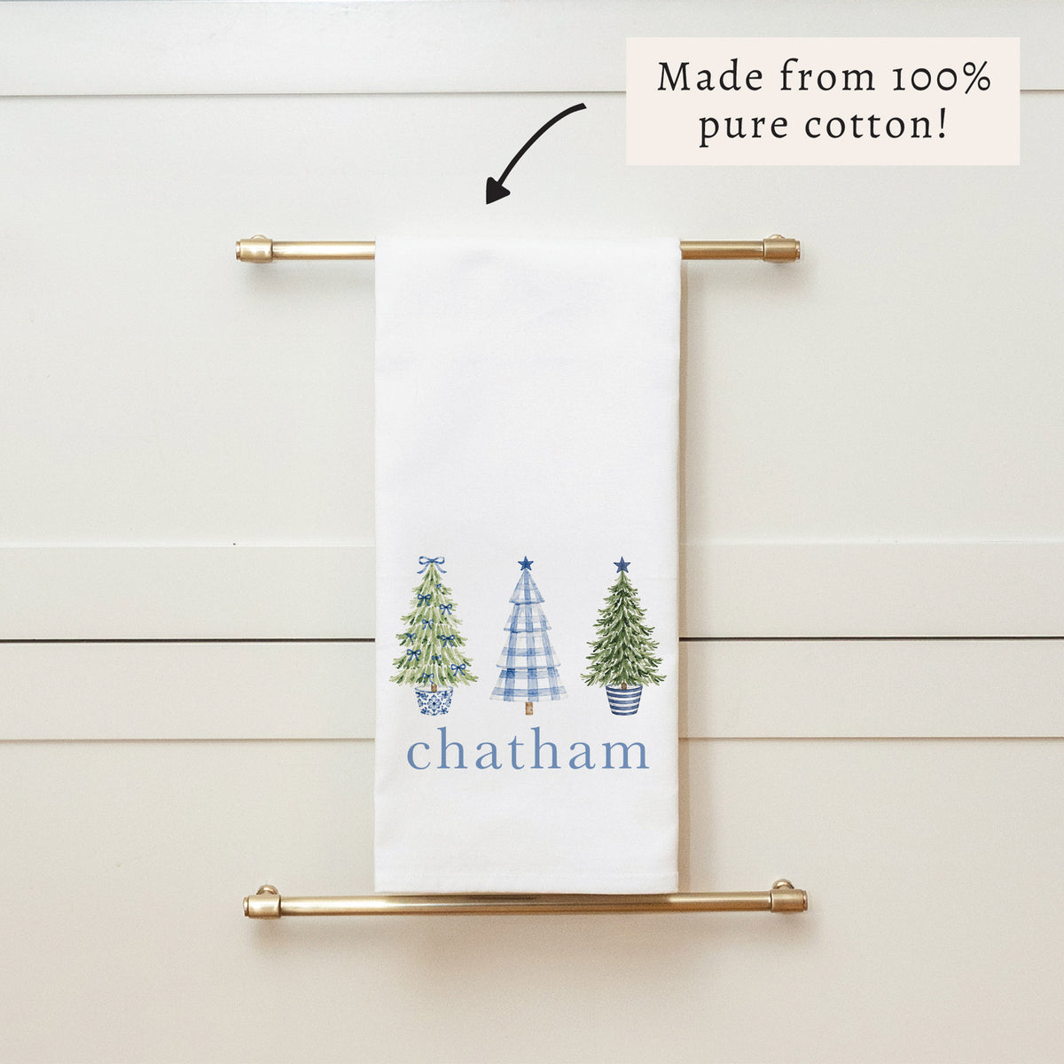 Coastal Cottage Christmas Trees Personalized Tea Towel