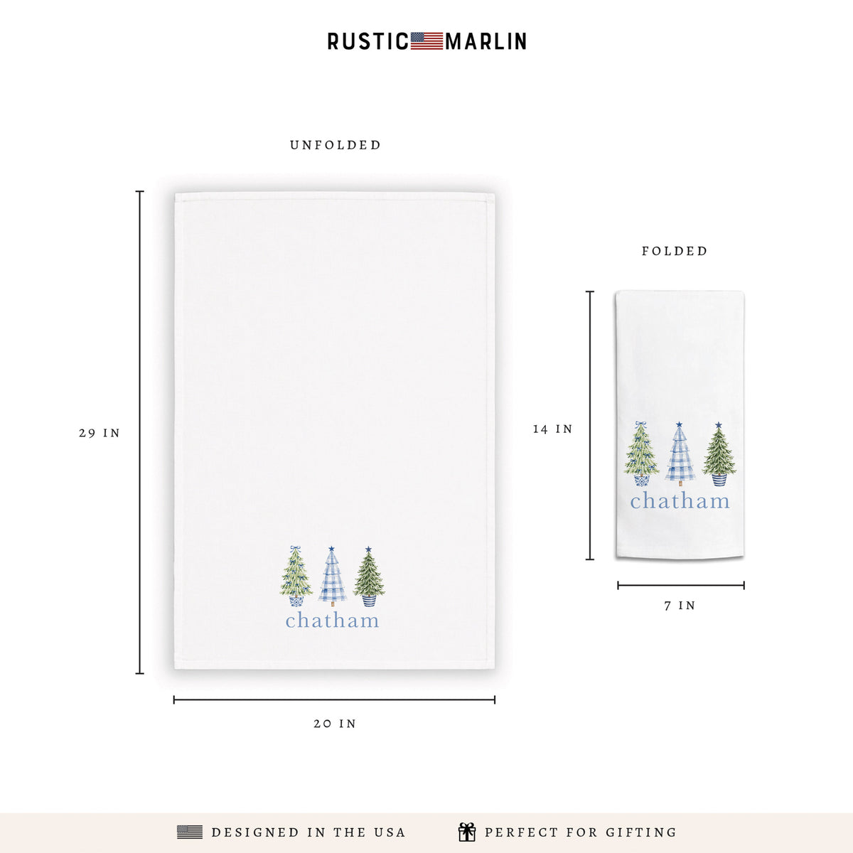 Coastal Cottage Christmas Trees Personalized Tea Towel