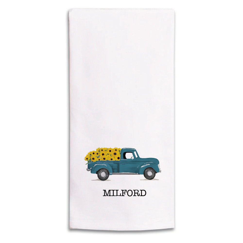Sunflower Truck Personalized Tea Towel