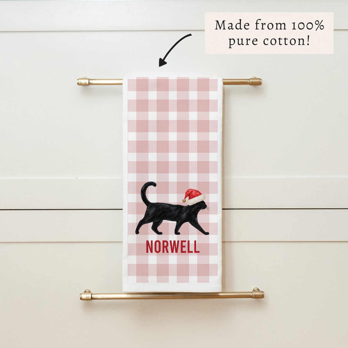 Black Cat Santa Hat Personalized Tea Towel
