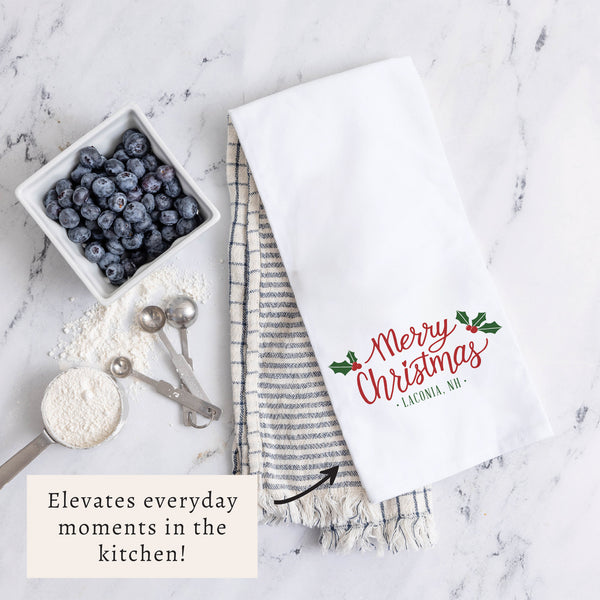 Merry Christmas Holly Personalized Tea Towel