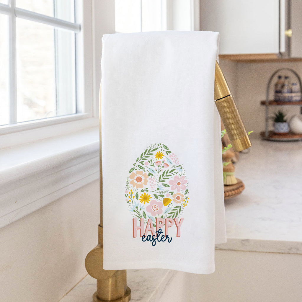 Floral Easter Egg Happy Easter Tea Towel