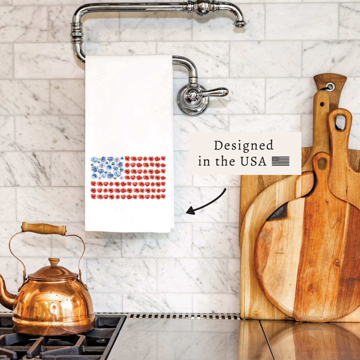 American Flag Floral Tea Towel