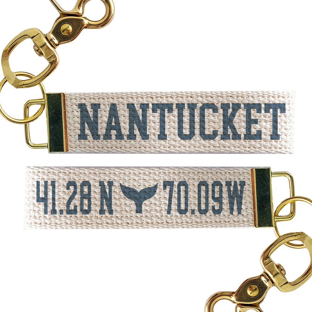 Nantucket Whale Tail Coordinates Nautical  Blue Keychain