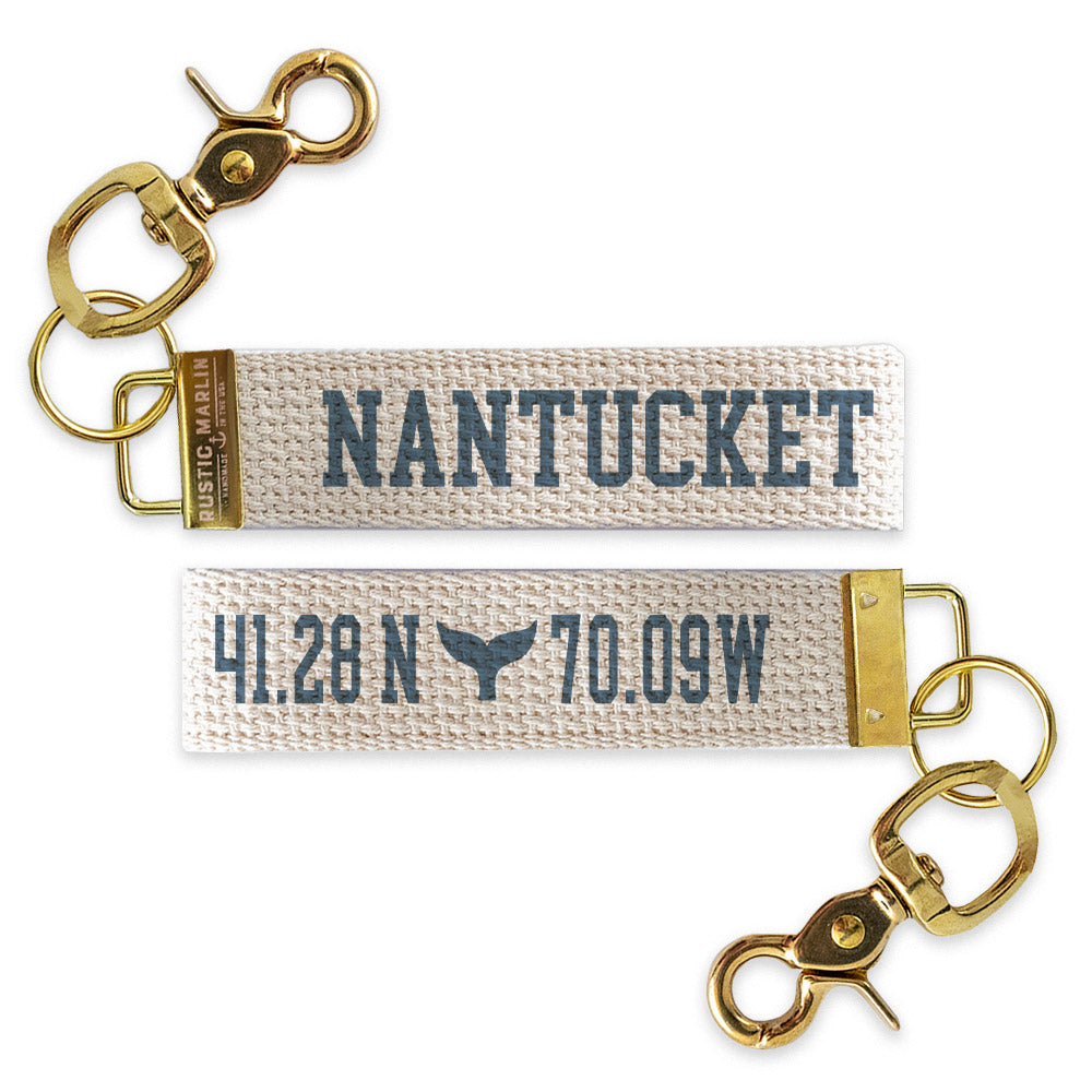 Nantucket Whale Tail Coordinates Nautical  Blue Keychain