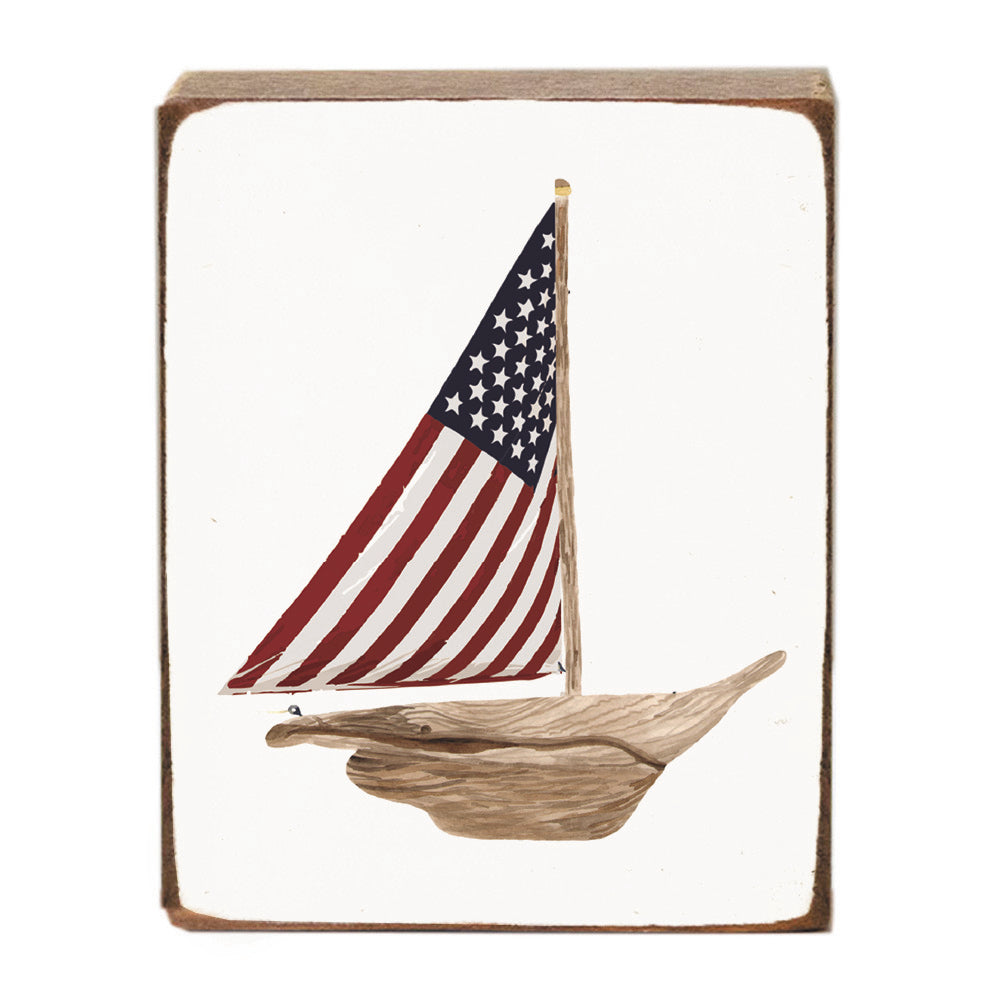 Watercolor Flag Sailboat Rustic Marlin Wood Block
