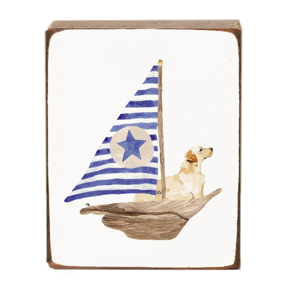 Watercolor Sailboat + Yellow Lab Wood Block