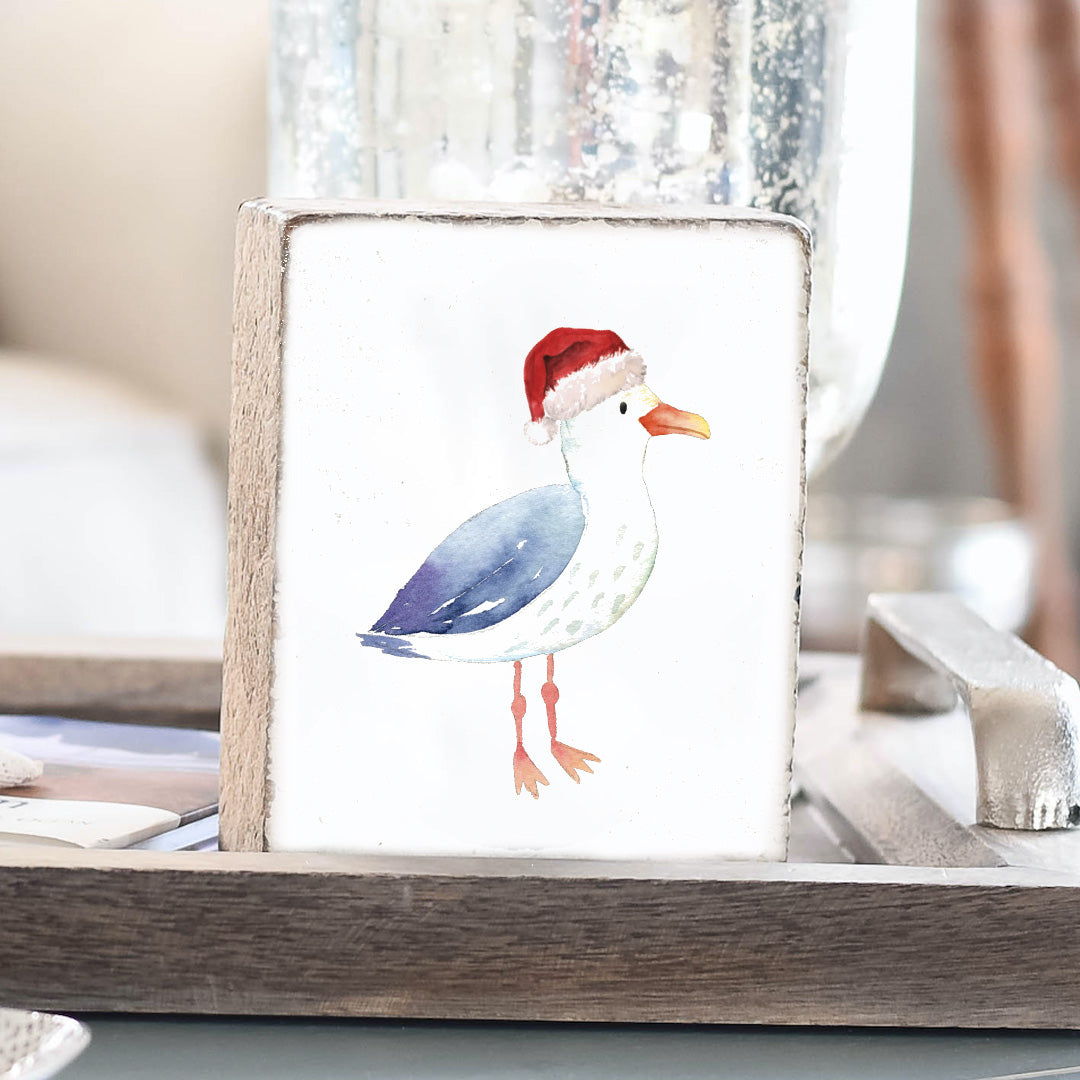 Watercolor Santa Seagull Decorative Wooden Block