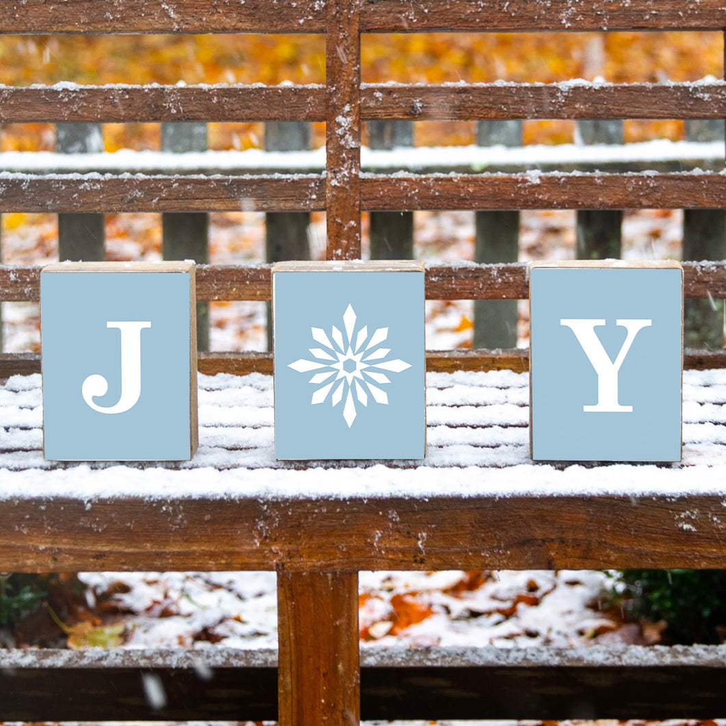 Light Blue Joy Snowflake Decorative Wooden Block Bundle
