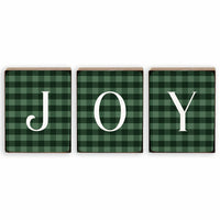 Joy Green Plaid Decorative Wooden Block Bundle