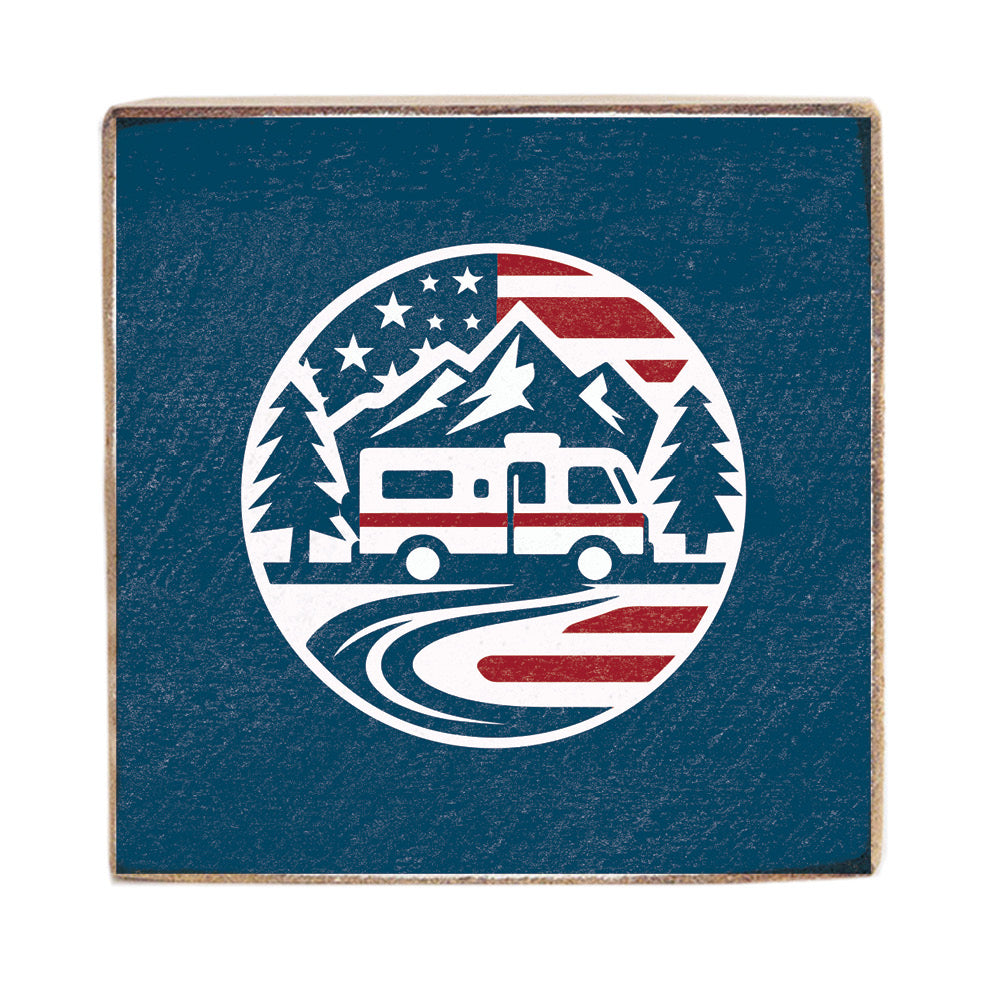 Patriotic RV Adventure Square Block – Rustic Marlin