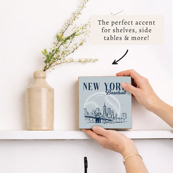 New York Baseball Skyline Wooden Block