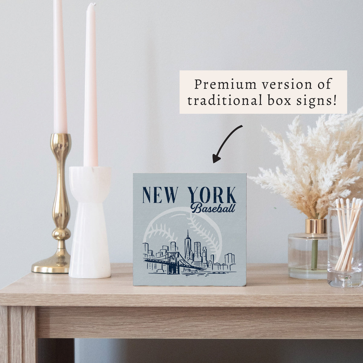 New York Baseball Skyline Wooden Block