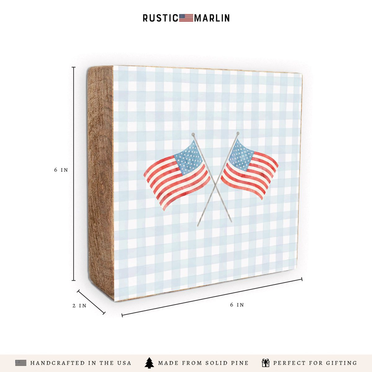 American Flags Crossed Gingham Block Sign