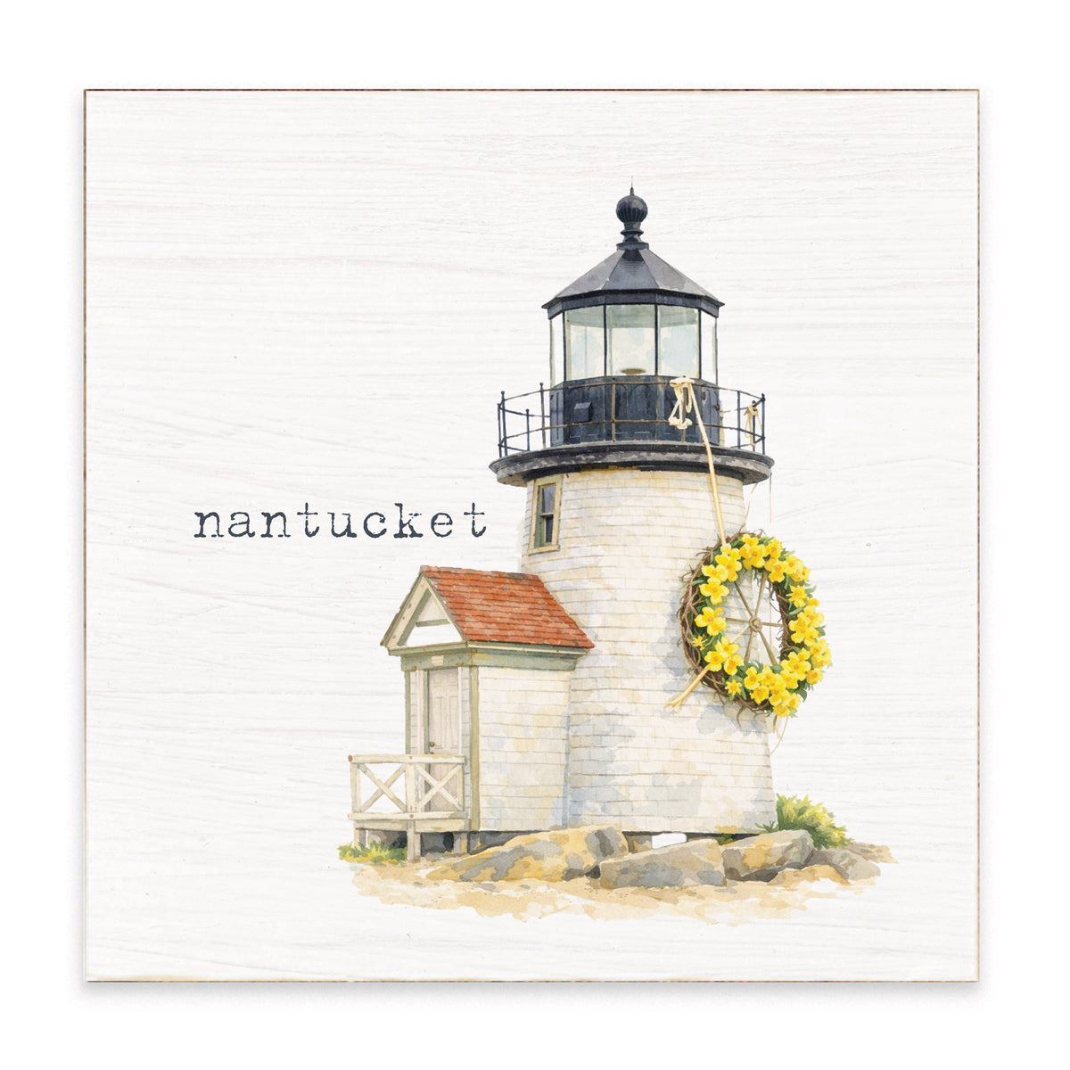 Daffodil Wreath Brant Point Lighthouse Block Sign