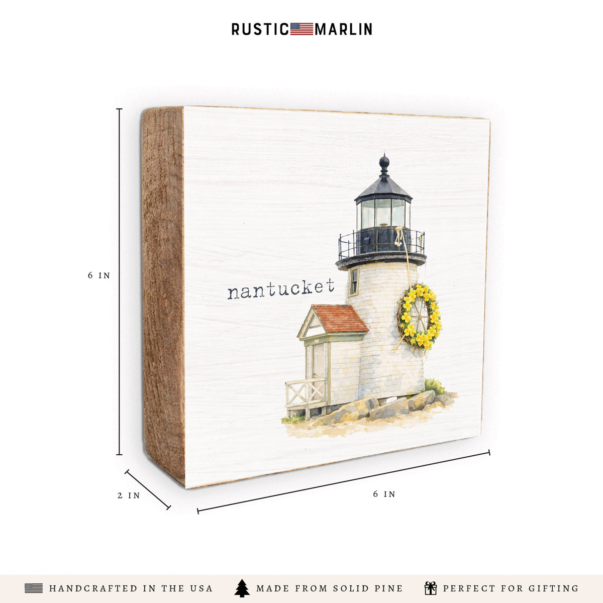 Daffodil Wreath Brant Point Lighthouse Block Sign