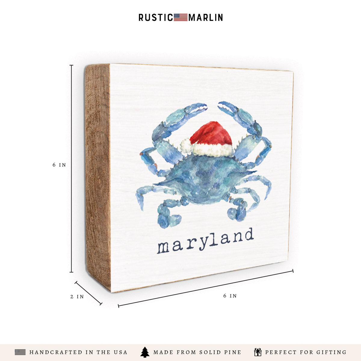 Blue Crab With Santa Hat Maryland Block Sign