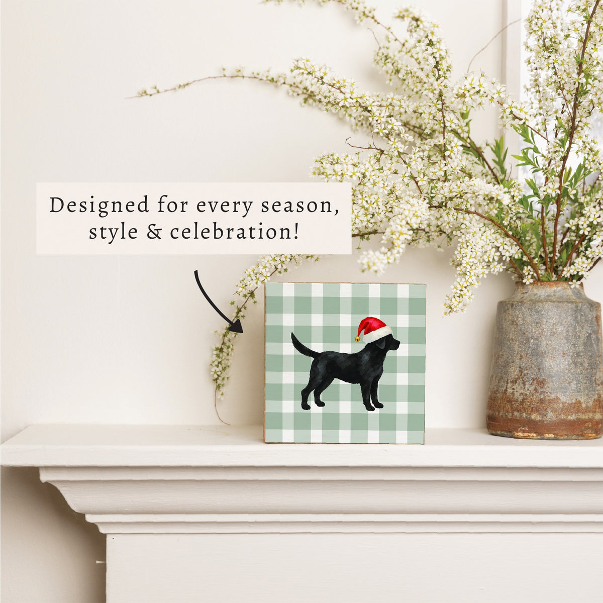 Black Lab Santa Hat Block Sign