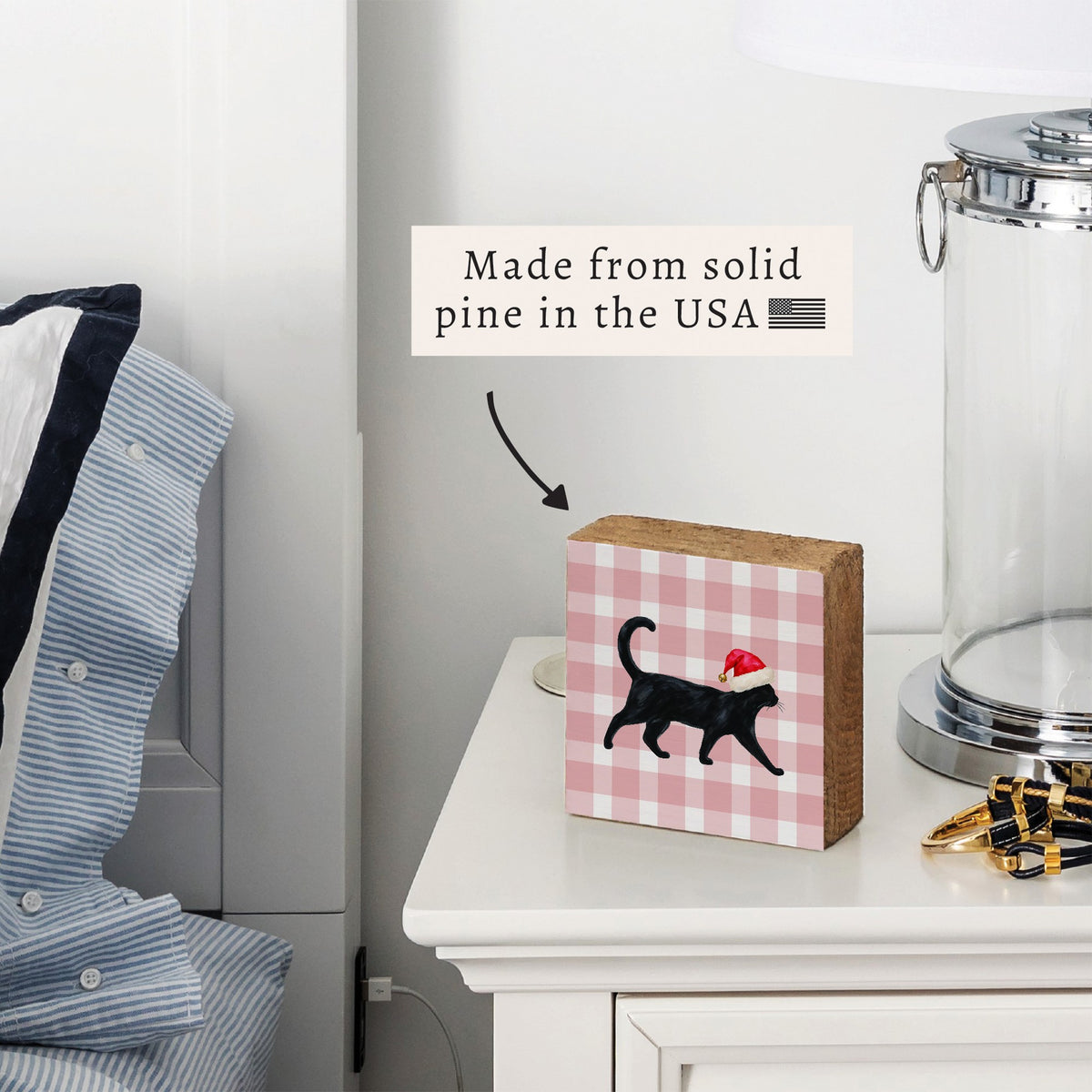 Black Cat Santa Hat Block Sign