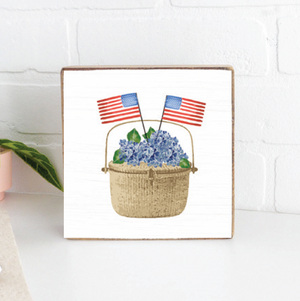 Flag Hydrangea Basket Wood Block