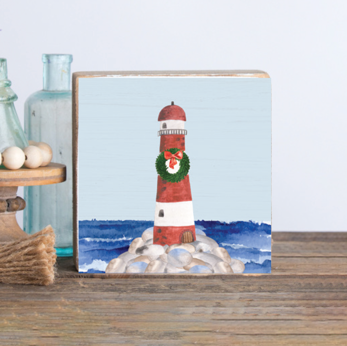 Holiday Lighthouse Decorative Wooden Block