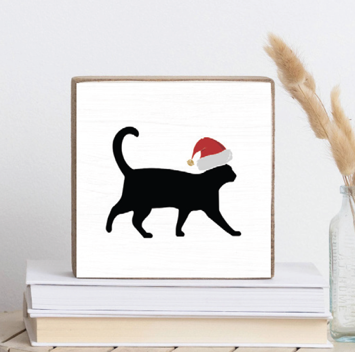 Santa Hat Cat Decorative Wooden Block