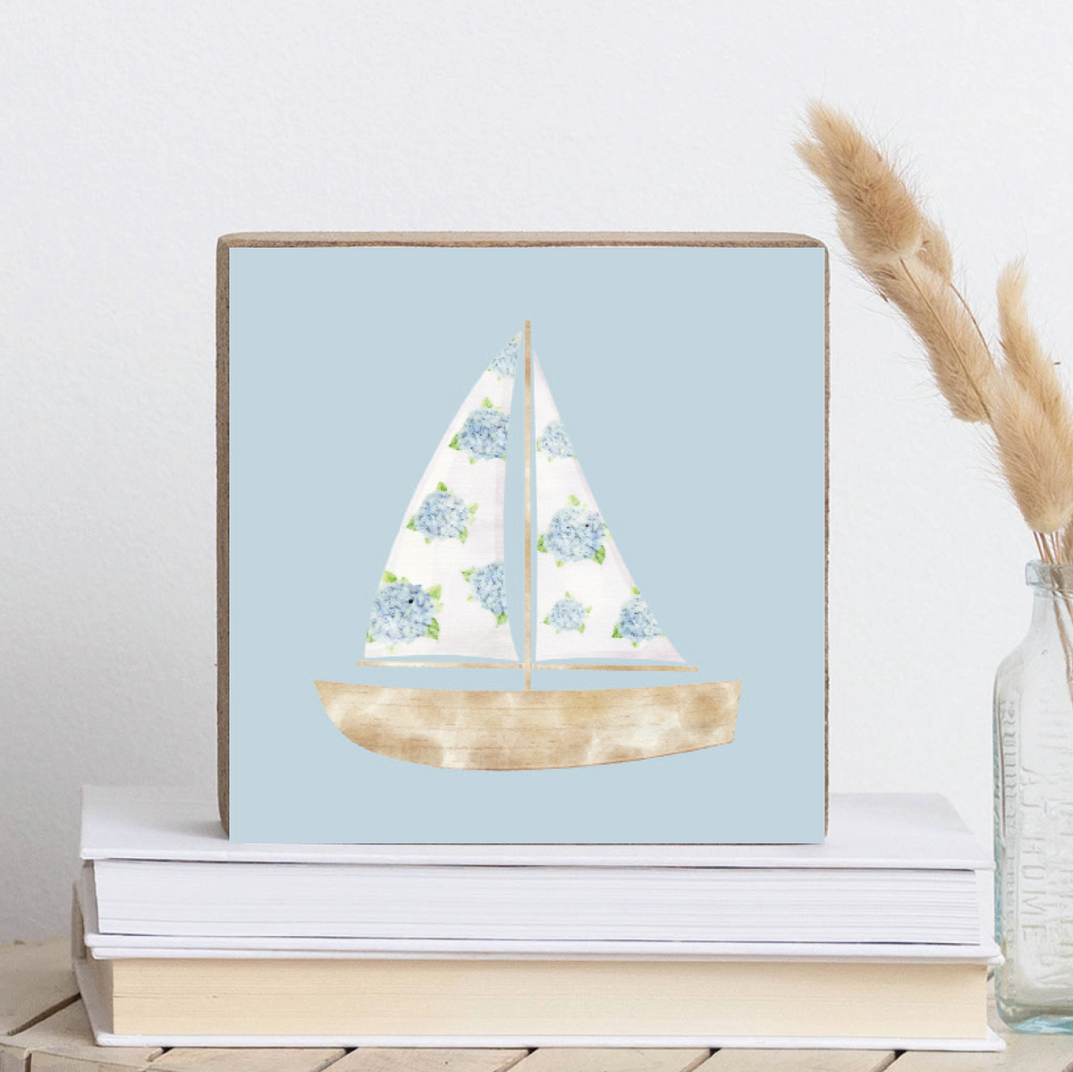 Hydrangea Sailboat Decorative Wooden Block