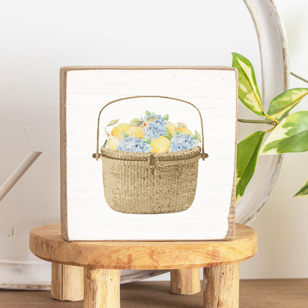 Hydrangea Lemon Basket Decorative Wooden Block