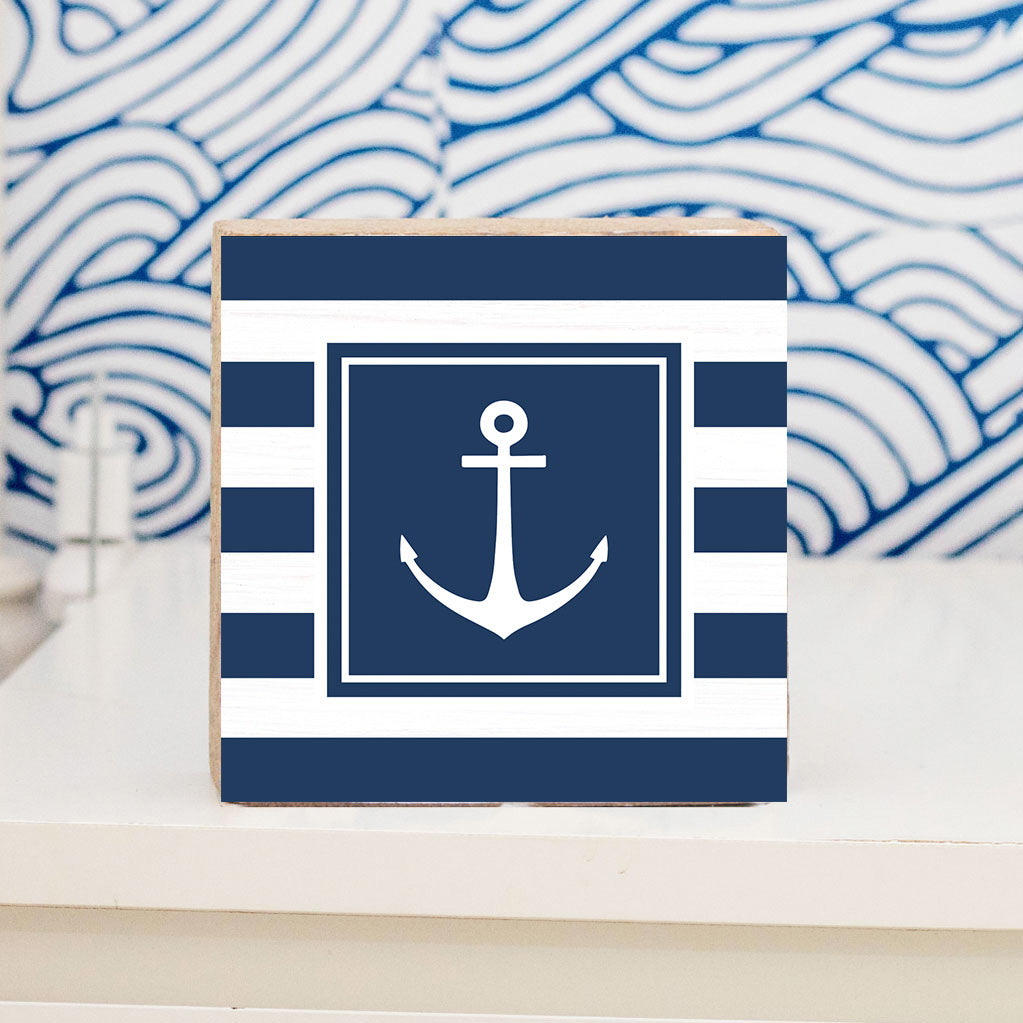 Navy Anchor Stripes Wood Block