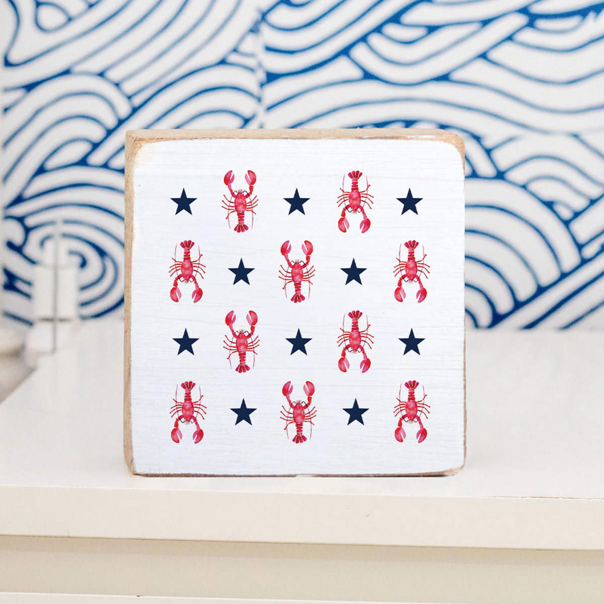 Red, White, and Blue Patriotic Lobster Decorative Wooden Block