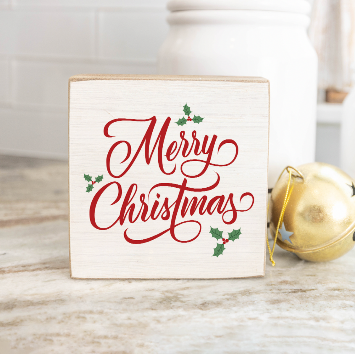 Rustic Merry Christmas Holly Leaves Decorative Wooden Block