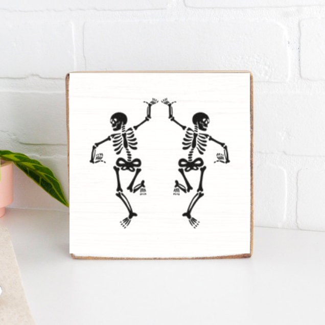 Two Dancing Skeletons Decorative Wooden Block